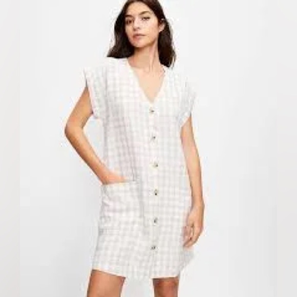 Lou & Grey Gingham linen pocket shirt dress size small beige and ivory